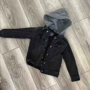 Kids Black Denim Jacket with Gray Hood